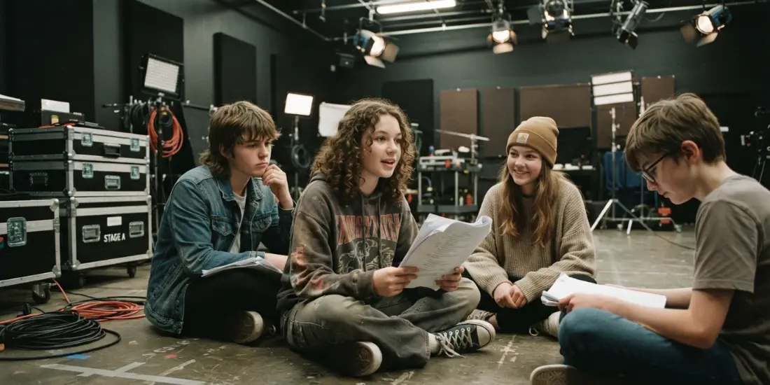 Acting class for kids in Los Angeles — campers running a scene on the Glendale sound stage