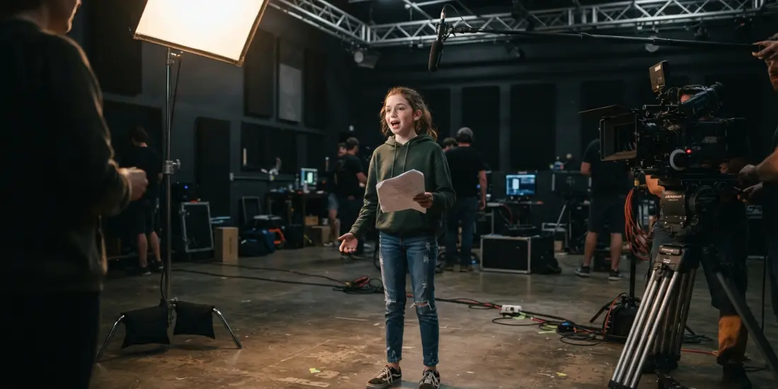 A girl performs her scene on a lit soundstage with a full crew at an acting class for teens
