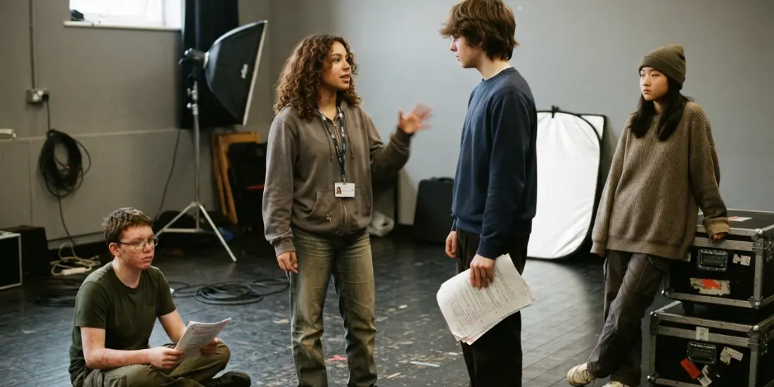 Kids rehearse a scene together in a rehearsal room at an acting class for kids and teens
